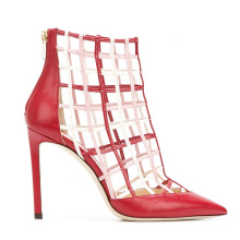 Caged Design Zip Red White Leather Pointed Toe Pumps Shoes